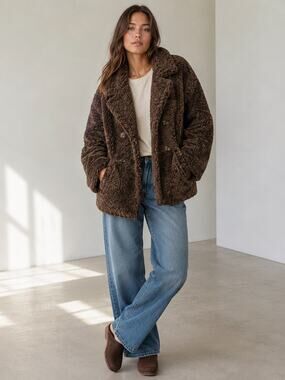GAP Y2K Vintage Faux Shearling (Teddy/Sherpa) Double-Breasted Coat Brown M